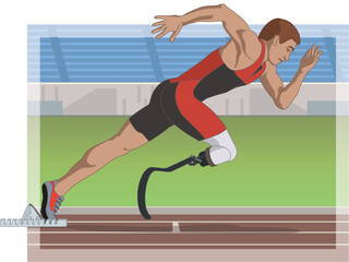 Plakat para sports paralympic sprint running, physical disabled male athlete on prosthetic leg, track and field, with track and stadium in background