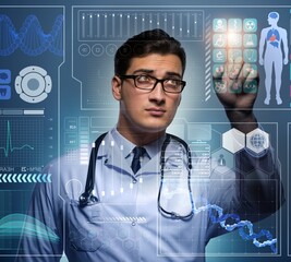 Doctor in futuristic medical concept pressing button