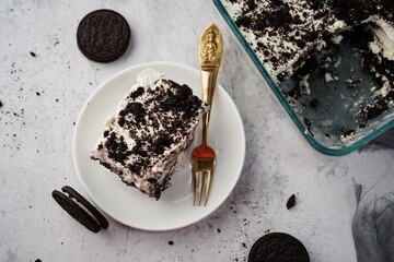 Homemade cookies and cream icebox cake, overhead view