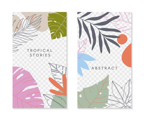 Fototapeta premium Set of editable insta story templates with tropical palm leaves.Summer vector layouts with copy space for text.Bright vibrant banners.Trendy designs for social media marketing,digital post,prints.