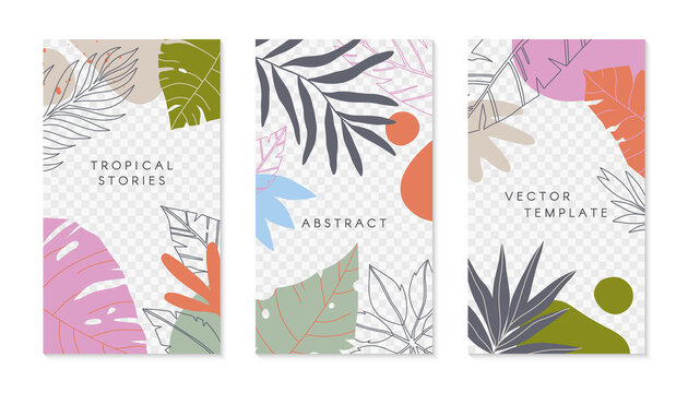 Set Of Insta Story Templates With Tropical Palm Leaves.Modern Summer Vector Layouts With Copy Space For Text.Bright Vibrant Banners.Trendy Designs For Social Media Marketing,digital Post,prints.