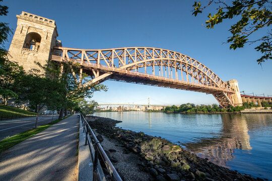 Astoria, NY - USA - June 13, 2021: view of the historic Hell Gate Bridge