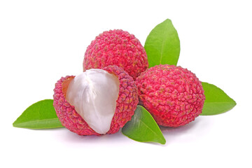 Lychee with green leaves isolated on white background. Premium quality Lychee from Thailand