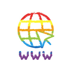 Website in internet, globe with arrow, online world, web icon. Drawing sign with LGBT style, seven colors of rainbow (red, orange, yellow, green, blue, indigo, violet
