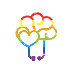 Heart and brain, balance between emotion and logic. Drawing sign with LGBT style, seven colors of rainbow (red, orange, yellow, green, blue, indigo, violet