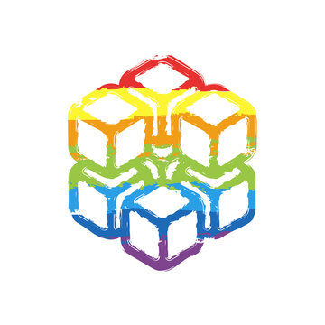 A few cubes, box in 3D, simple icon. Drawing sign with LGBT style, seven colors of rainbow (red, orange, yellow, green, blue, indigo, violet