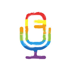 Simple microphone icon, podcast or radio. Drawing sign with LGBT style, seven colors of rainbow (red, orange, yellow, green, blue, indigo, violet
