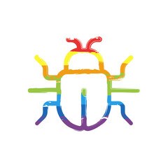Simple bug icon, computer virus or malware. Drawing sign with LGBT style, seven colors of rainbow (red, orange, yellow, green, blue, indigo, violet