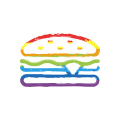 Sandwich or hamburger, fast food, simple icon. Drawing sign with LGBT style, seven colors of rainbow (red, orange, yellow, green, blue, indigo, violet