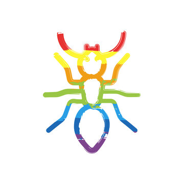Simple ant, icon or logo. Drawing sign with LGBT style, seven colors of rainbow (red, orange, yellow, green, blue, indigo, violet