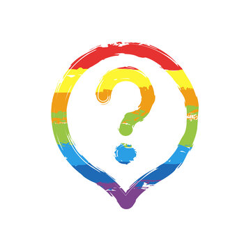 Question mark in bubble, simple icon of faq or chat. Drawing sign with LGBT style, seven colors of rainbow (red, orange, yellow, green, blue, indigo, violet