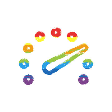 Speedometer or speed indicator of car, simple icon. Drawing sign with LGBT style, seven colors of rainbow (red, orange, yellow, green, blue, indigo, violet