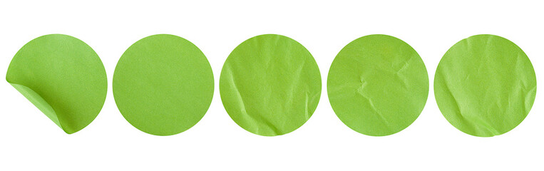 five different green stickers on isolated white background