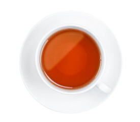 white mug with tea on a saucer. on white isolated background. view from above