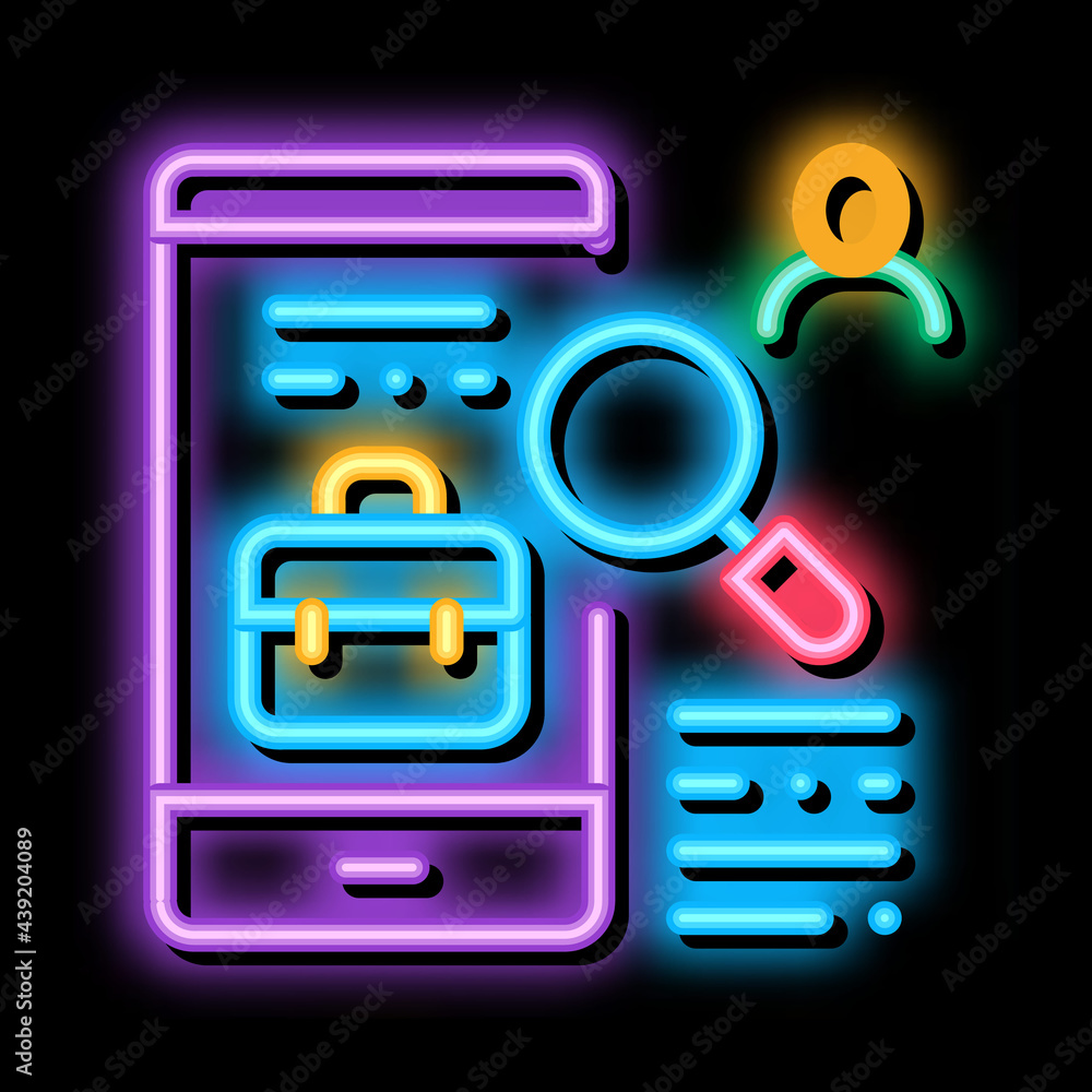 Sticker phone application search job neon light sign vector. Glowing bright icon phone application search job sign. transparent symbol illustration