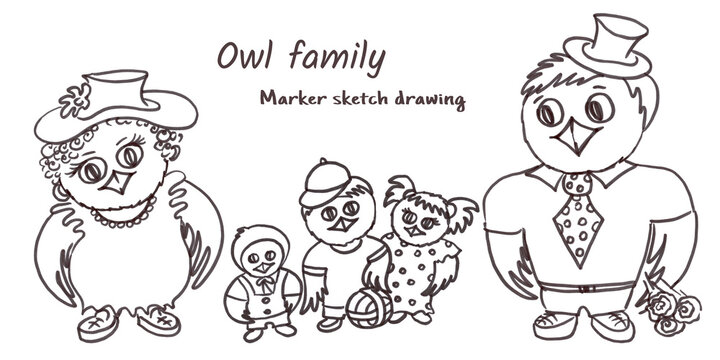 Monochrome family of cartoon Owls in line art style on white background. Dad, mom, kids, boys and girl Owl dooddle. Set of illustrations for congratulations on the wedding day. Artwork drawing art