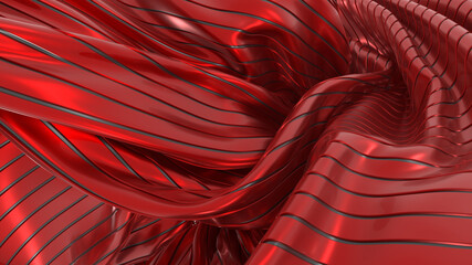 Abstract wavy background. Red metal tapes. Smooth lines. 3D rendering image.