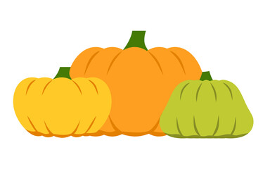 Pumpkins large with shadow, yellow, green, orange isolated on white background. Holiday card, poster, banner, illustration. Thanksgiving Day. Harvest celebration. Labels and Scrapbook
