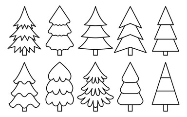 Christmas tree simple black line icons vector set. Christmas tree in different shapes. Minimalistic simple thin line icons set. For greeting card, Christmas and New Year decoration. For app