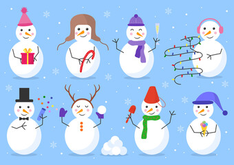 Snowmens joyful happy set with candy, snowball, garland, confetti, shovel, gift, glass, ice cream on an isolated blue background. Vector flat style. Greeting card. Merry Christmas and Happy New Year