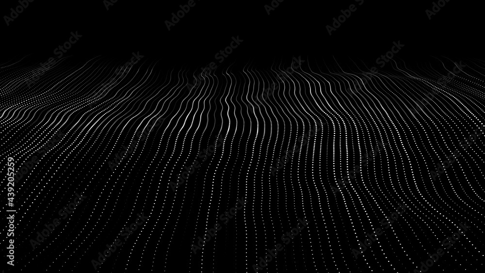 Poster wave 3d. wave of particles. dynamic wave on black background. futuristic point wave. design for post