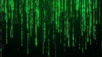 Digital background green matrix. Matrix style program. Stream of Decimal Digits. Computer code.
