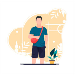 Modern casual guy holding backpack vector flat illustration. Stylish male in contemporary clothes