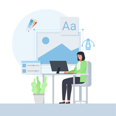 Woman work on the desk with design icon around