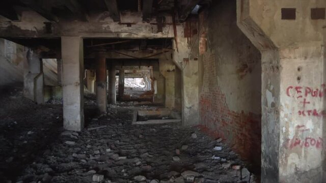 Khrustalnensky mining and processing plant. The camera moves inside an old abandoned workshop.