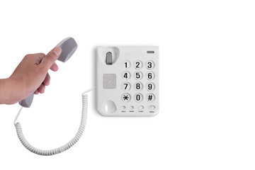 Man Hand holding and dialing a phone number in the office isolated on  white background