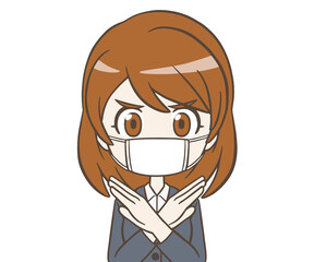 NGサインをつくるマスクをつけたスーツの女性