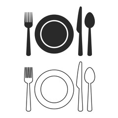 Fork, Plate, Knife, Spoon Icon Vector Set. Outline Vector