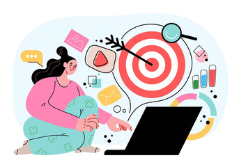 Targeted ads reaching goal business achivement abstract concept. Modern style flat cartoon graphic illustration