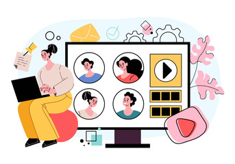 People man woman colleagues friends communicate talking by laptop computer monitor video conference. Digital online internet communication concept. Modern style flat cartoon graphic illustration