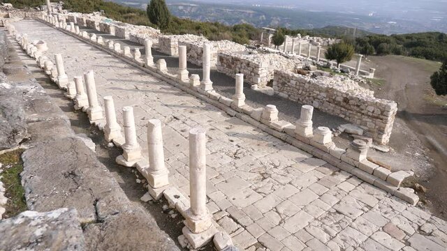 View of remains of marble pillars of agora after reconstruction in ancient city of Kibyra in Burdur Province, Turkey 