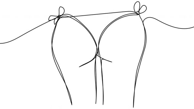 Elegant female ass drew by one line alpha channel. 4K animation selfie drawing a women's swimsuit. Video with a beautiful tourist on vacation. A beautiful slender woman is hand-drawn by a contour.