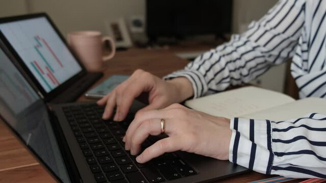 The entrepreneur woman works with a laptop at home and follows the stock markets. woman with ring on finger working from home with laptop and tablet.