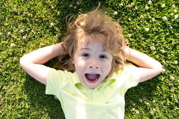 Funny amazed surprised excited child lying on grass. Kids head fun portrait.
