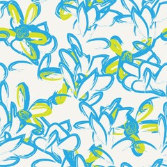 Fototapeta na wymiar Blue Floral Brush strokes Seamless Pattern Background