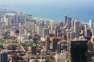 Aerial view street level looking up, City of Chicago with leading near lake in Illinois US