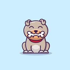 Cute bulldog biting bone cartoon vector illustration. Animal concept isolated vector. Flat cartoon style.