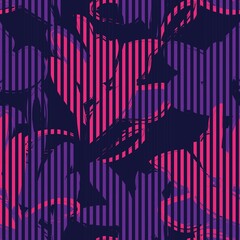 Purple Botanical Floral Seamless Pattern with striped Background