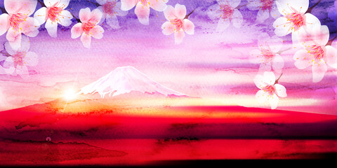  富士山　日本　桜　背景