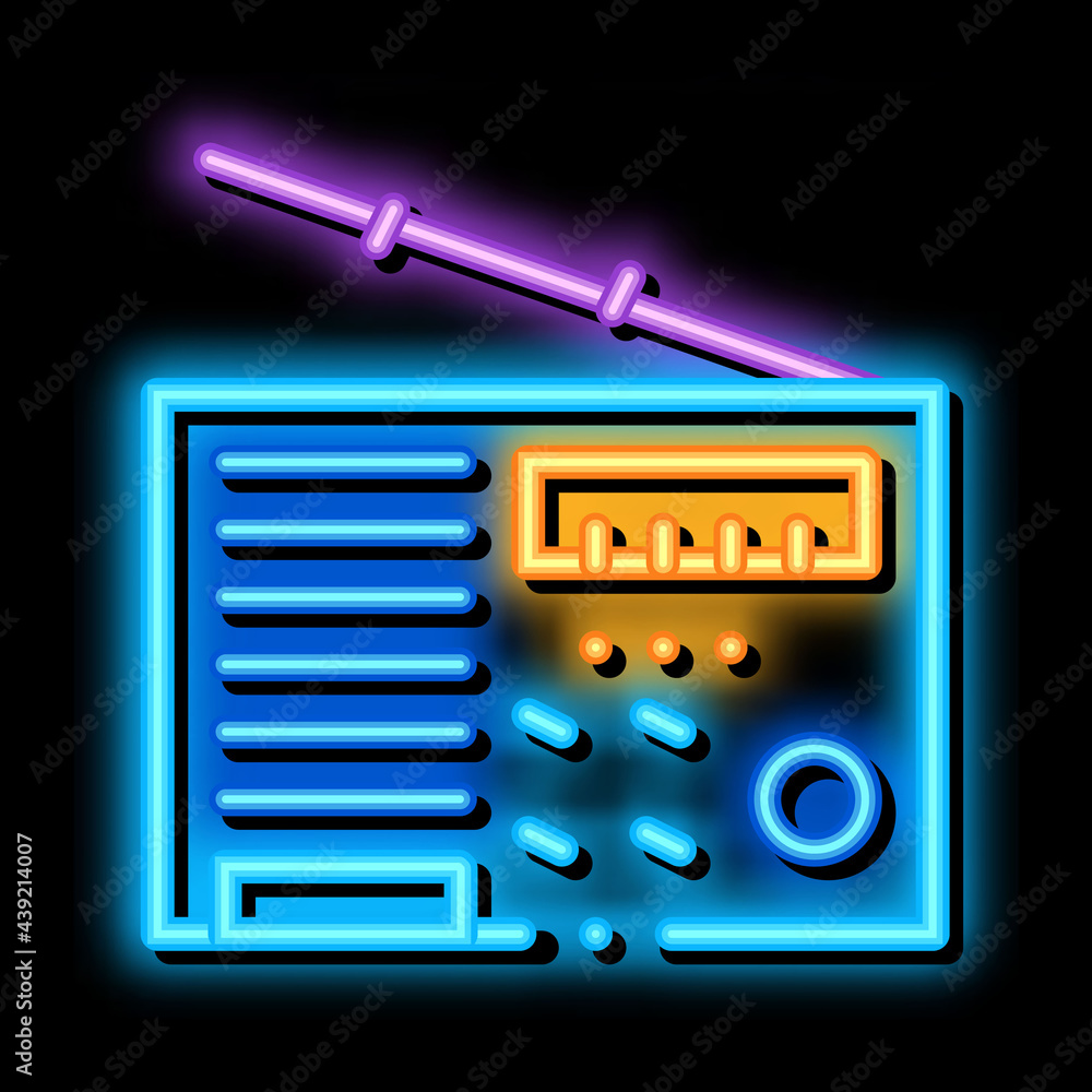 Poster radio device neon light sign vector. Glowing bright icon radio device sign. transparent symbol illustration