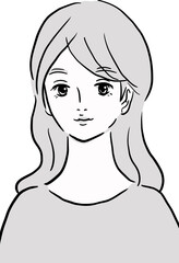 モノクロの若い女性の笑顔の線画イラスト