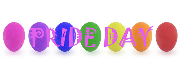 Rainbow color eggs on white background. Pride Day Banner. 