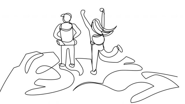 Animation of the contour of two people traveling the world. Stock video of a couple in love with backpacks standing on rocks. A dreamy guy and a fun running girl self-drawing for the whiteboard.