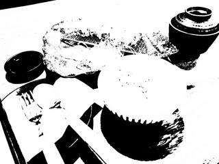 Japanese food set on the table Black and white illustrations.