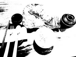 Japanese food set on the table Black and white illustrations.