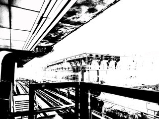 Landscape of Metro Station and City Passengers Black and white illustrations.